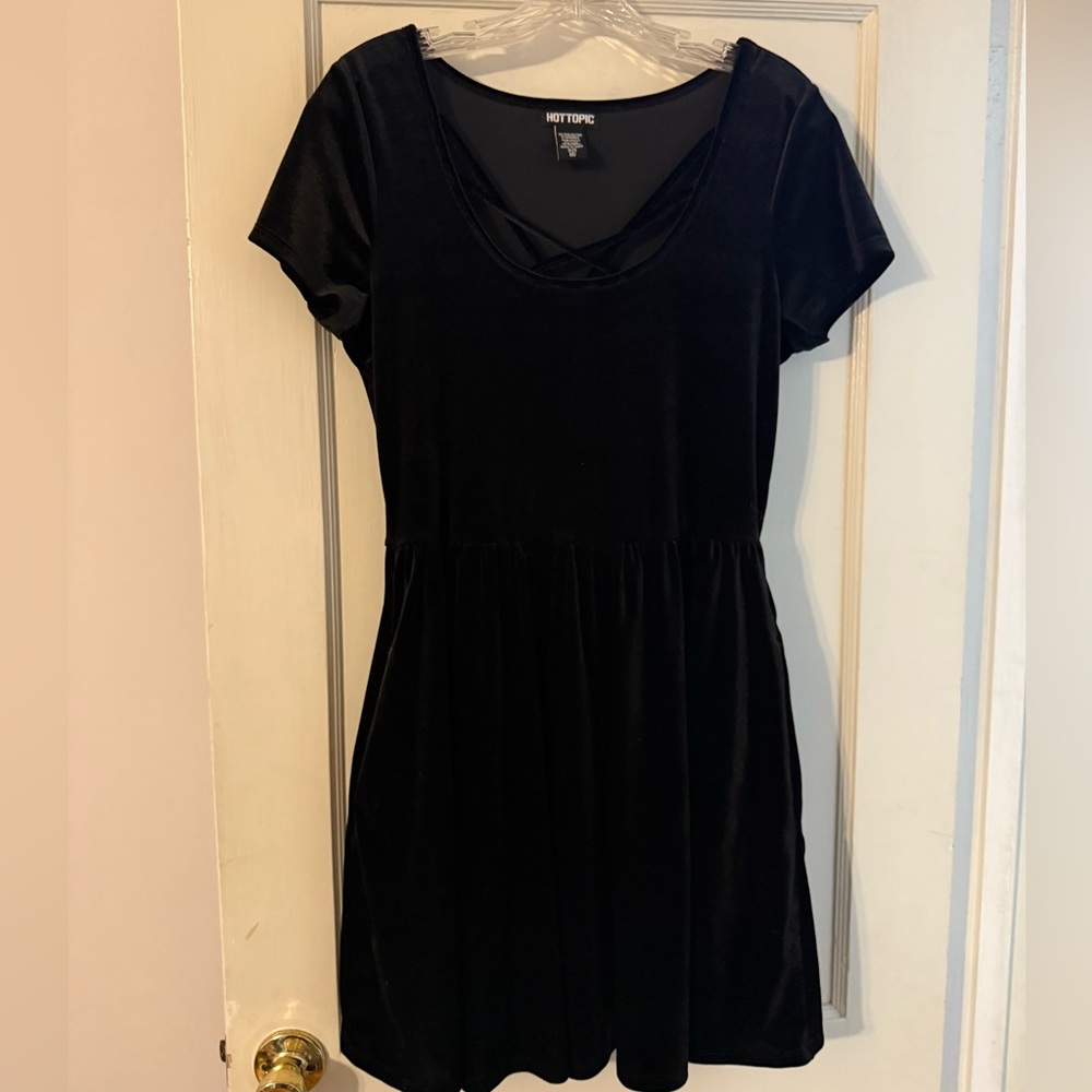 Hot Topic Black Velour Mini Dress Short Sleeve with Accents On Neckline